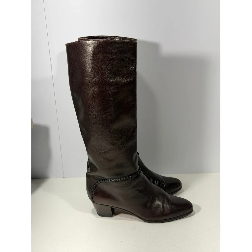 Vero Cuoio Dark Brown Leather Knee High Boots Braided Trim Italy EU 39 US 8.5